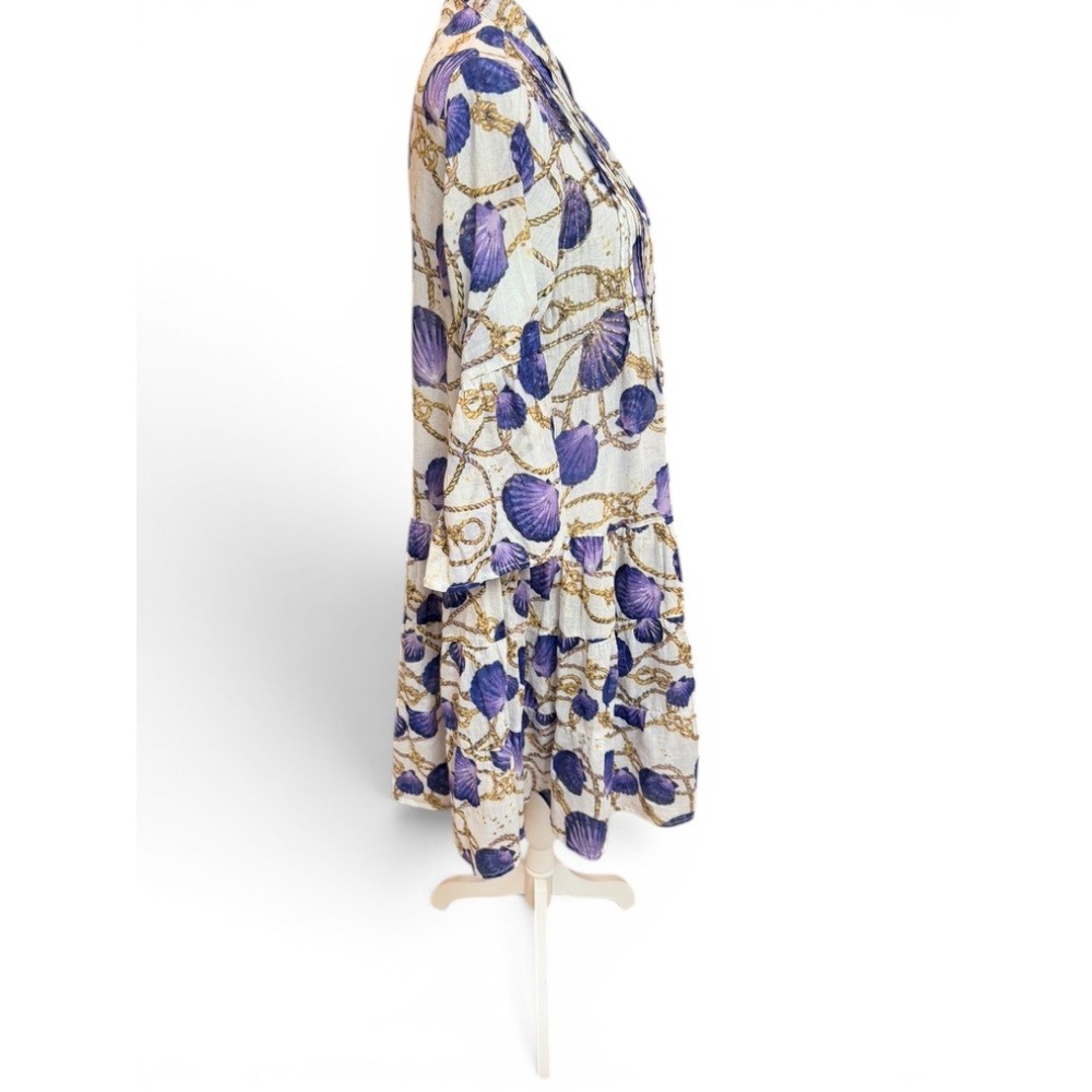 Ayfëe Florence Cotton Gauze Seashell Rope Print Tiered Bell Sleeve Dress M - Picture 4 of 11